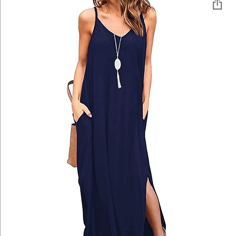 navy maxi dress with slit and pockets